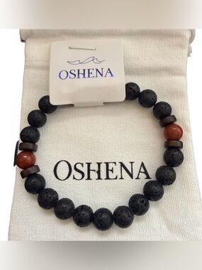 OSHENA- Men's Black Lava Stone Bracelet with Brown Accent Beads